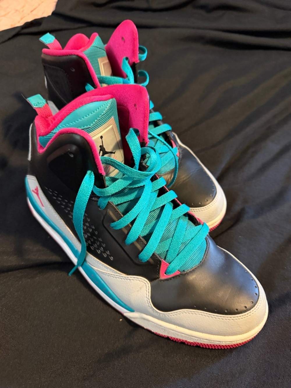 Jordan High-Top Sneakers in Black, Teal & Pink